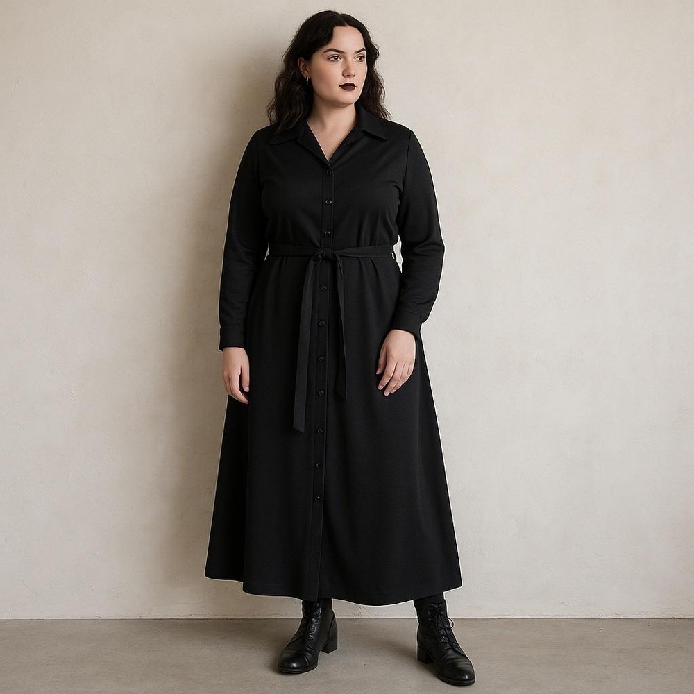 Vintage 70s‎ Sears Fashions Black Maxi Shirt Dress Belted L/S Gothic Modest 14